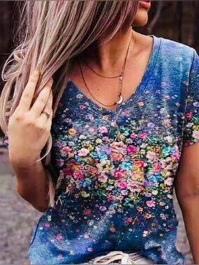 Floral V-Neck Short Sleeve Tee - Blue Multi